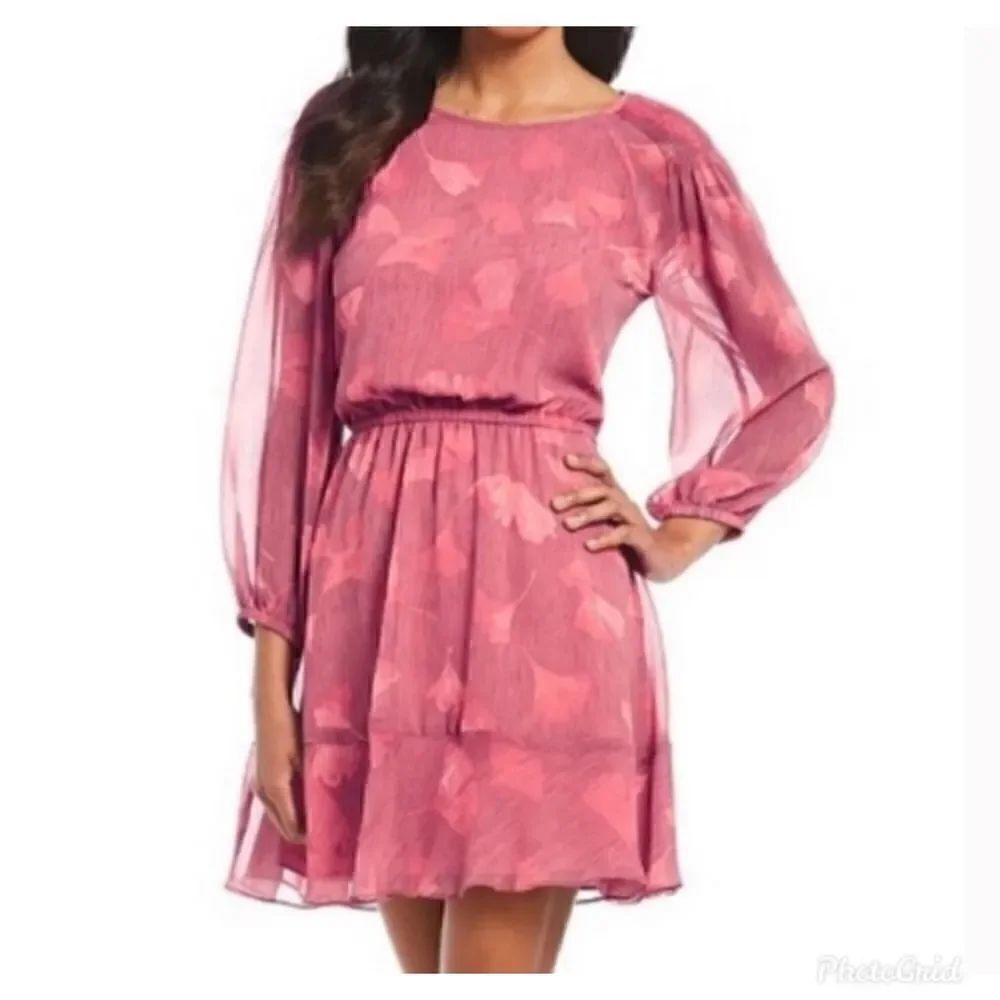 H by Halston Pintuck Georgette Blouson Floral Pink Coral Dress Size XL